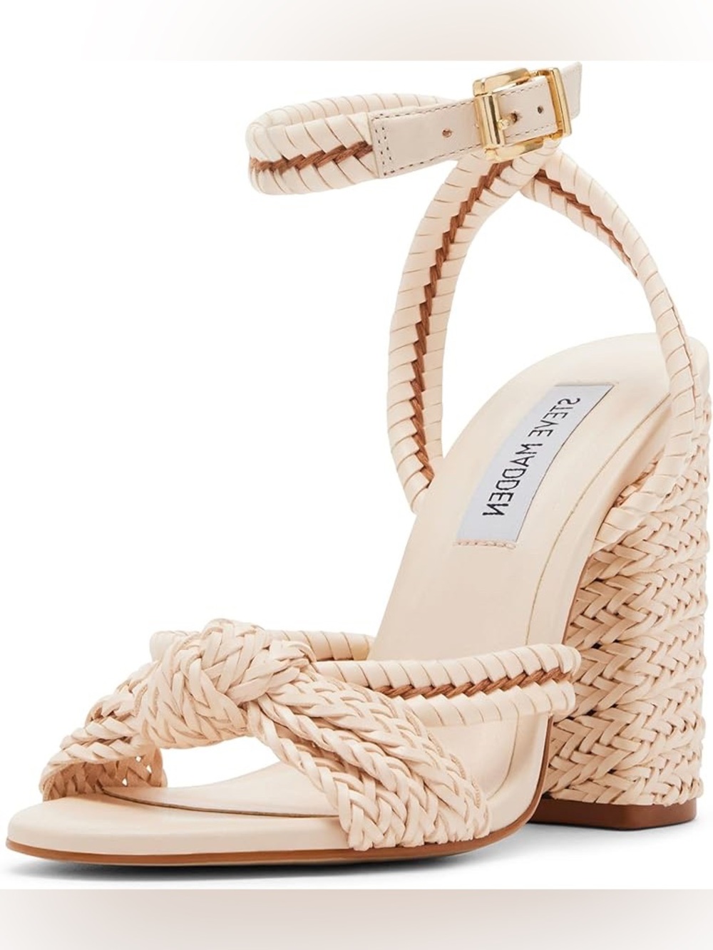 Steve Madden Braided Block Heel Sandal in Nude Beige with Gold Buckle